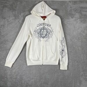 Zoey & Beth Hoodie Womens Large White Couture Rhinestone Zip Up Y2K Grunge